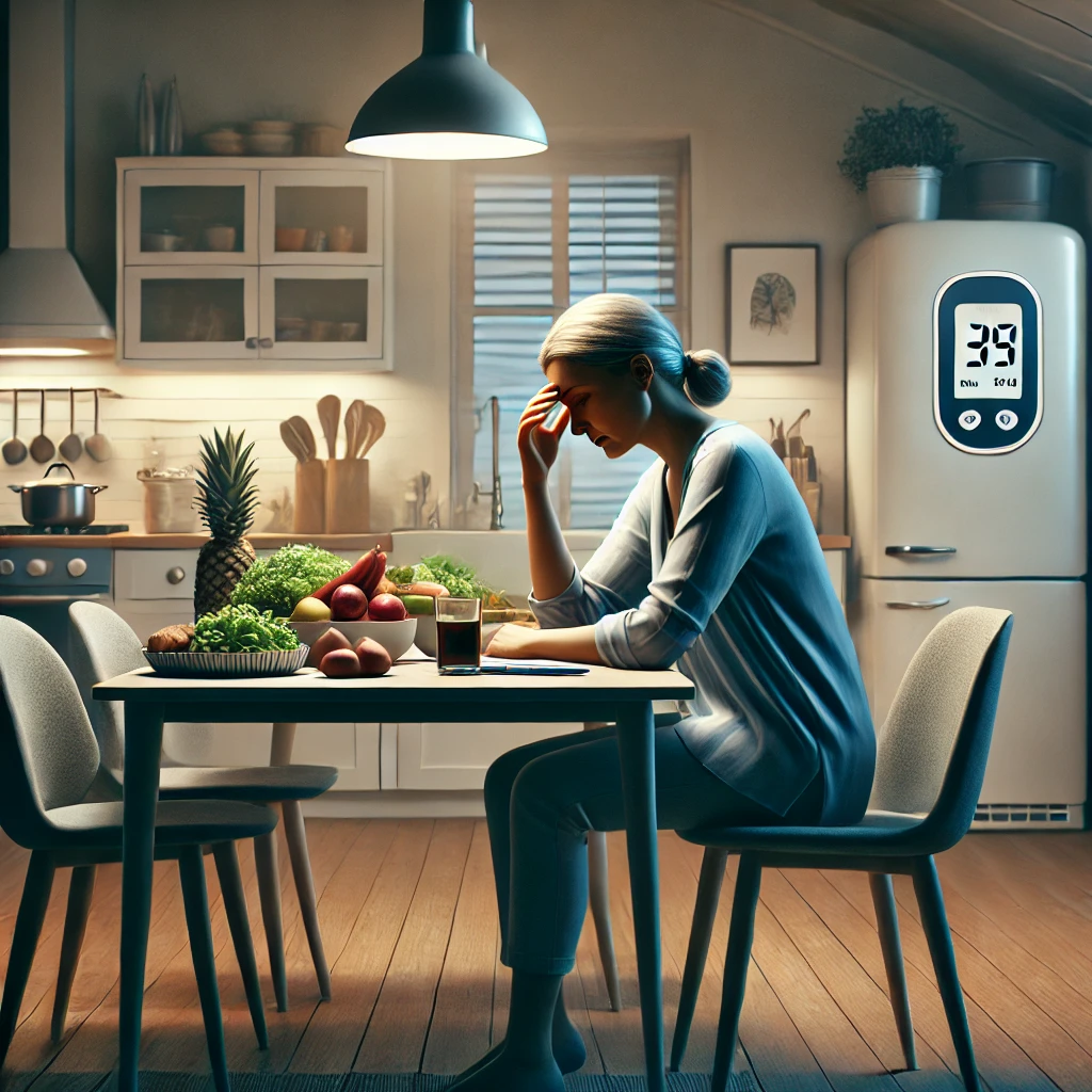 DALL·E 2024 11 19 15.40.51 An emotional illustration of a middle aged woman sitting alone at a dining table in a modern, minimalistic kitchen. She looks visibly stressed and ove